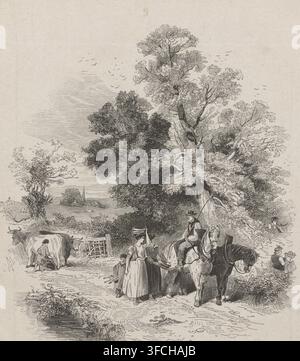 Firma mit zwei Pferden, die auf einer Landstraße gehen, Druck, Druckgrafiker: Isaac Weissenbruch, Niederlande, 1836 - 1912, Papier, Holzstich, Höhe 178 mm x Breite 152 mm, erwachsene Frau, erwachsener Mann, Pferd, Straße, Pfad, Kind, Kuh. Eine detaillierte Schwarz-Weiß-Illustration, die eine Landszene mit einer Gruppe von Menschen und Tieren in der Nähe eines großen Baumes zeigt; ein Mann zu Pferd sitzt neben zwei stehenden Pferden, während eine Frau einen Behälter auf ihrem Kopf trägt und mit einem Kind und einer anderen Frau steht, mehrere andere Figuren sind in der Nähe versammelt, darunter eine Person, die eine Kuh melkt, und eine sitzende Figur, die raucht, ein Wagen und Stockfoto