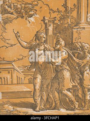 Kaiser Augustus und die Tiburtina-Sibylle, Druck, Die Tiburtina-Sibylle zeigt Kaiser Augustus die Erscheinung eines Engels mit Maria und dem Christuskind im Himmel. Zwei männliche Zuschauer rechts., Drucker: Antonio da Trento, Italien, nach Entwurf von Parmigianino, 1528 - 1530, Papier, Chiaroscuro-Holzschnitt, schwarzer und brauner Chiaroscuro-Holzschnitt, gedruckt von einem Holzlinienblock und einem Holztintenblock, Höhe 343 mm x Breite 269 mm, Person, Augustus (Kaiser des Römischen Reiches), die Tiburtina-Sibylle und Augustus: die Sibylle offenbart dem Kaiser eine Vision der Madonna im Himmel, Madonna: ie Stockfoto