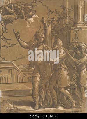 Kaiser Augustus und die Tiburtiner Sibylle, Druck, Die Tiburtiner Sibylle zeigt Kaiser Augustus die Erscheinung eines Engels mit Maria und dem Christuskind im Himmel. Zwei männliche Zuschauer rechts., Drucker: Antonio da Trento, Italien, nach Entwurf von Parmigianino, 1528 - 1530, Papier, Chiaroscuro-Holzschnitt, schwarzer und brauner Chiaroscuro-Holzschnitt, gedruckt von einem Holzlinienblock und einem Holztintenblock, Höhe 346 mm x Breite 266 mm, Person, Augustus (Kaiser des Römischen Reiches), die Tiburtiner Sibylle und Augustus: die Sibylle offenbart dem Kaiser eine Vision der Madonna im Himmel, Madonna: ie Stockfoto