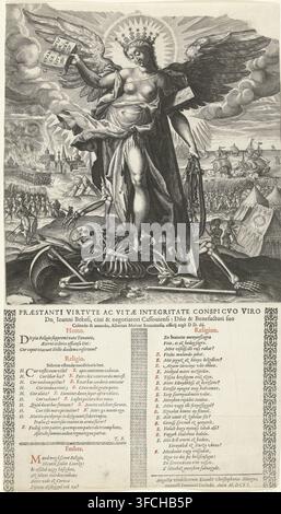 Dialog zwischen Mensch und Religion, Druck, geflügelte strahlende Personifikation der Religion tritt den Tod in Form eines Skeletts mit einer Sense und mit einem Bein im Grab. Die Religion lehnt sich an ein Holzkreuz und hält in einer Hand ein offenes Buch, das als Evangelium des Friedens bezeichnet wird, in der anderen Hand Zügel oder Lenzen. Vor einer von Krieg verwüsteten Landschaft. In der Bildunterschrift ein Dialog in Form von Frage und Antwort zwischen Mensch und Religion in Latein und Ungarisch., Druckgrafiker: zugeschrieben Dominicus Custos, Augsburg, nach Druck von Wierix (zugeschrieben), Niederlande, nach Entwurf von Maerten de Vos, Stockfoto