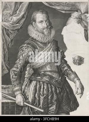Portrait von König Christian IV. von Dänemark und Norwegen, Druck, Porträt von Christian IV., König von Dänemark und Norwegen, mit einer Schärpe über der Schulter und einem Kommandostab in der Hand, stehend unter einem offenen Vorhang., Druckgraphiker: Jan Harmensz. Muller, Amsterdam, nach Gemälde von Pieter Isaacsz., 1625, Jan Harmensz. Muller, Pieter Isaacsz., Druckgraphiker, nach Gemälde von, Papier, Radierung, Trockenradierung, Radierung und Trockenradierung, Beweis, Höhe 430 mm x Breite 303 mm, (BREECHES) (+ Herrenbekleidung), Ohrringe (+ Herrenbekleidung), Schultergurt, Bandolier, Haarlocke., Ein monochromes gestochene Porträt eines Mannes Stockfoto