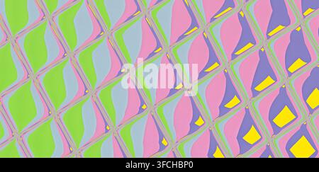 Nahtloses pastellfarbenes Neon-Mosaik mit wiederholtem Muster aus Glasfliesen im quadratischen Design in Rosa, Grau und Grün. Stockfoto