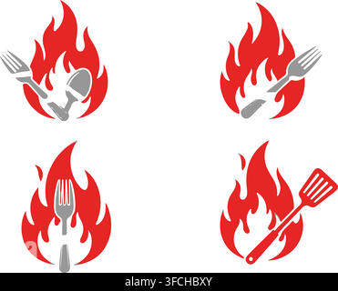 Symbolset für kochendes Essen mit Besteck Gabel Löffel Spatel auf Flammenhintergrund, das heiße Mahlzeiten darstellt. Stock Vektor