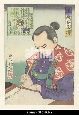 Katagiri Toichi no Kami Katsumoto, ein Dokument entwerfend., Hundert Krieger, ausgewählt von Yoshitoshi, Kaidai hyaku senso, Druck, Katagiri Toichi no Kami Katsumoto entwirft ein Dokument mit einem Pinsel in seiner rechten Hand. Das Tintenfass befindet sich links., Druckgrafiker: Tsukioka Yoshitoshi, Japan, Verleger: Ôhashiya Yashichi, Tokio, 1868-10, Kanto, Papier, Farbx Holzschnitt, Linienblock mit Farbblöcken, Höhe 349 mm x Breite 241 mm, erwachsener Mann, Schreibzubehör, Handschrift, geschriebener Text., Eine sitzende Person mit zu einem Haarknoten gebundenem Haar lehnt sich über eine Schreibfläche, trägt ein geschichtetes Kleidungsstück mit einem lila Innenstück Stockfoto