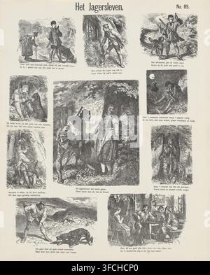 Das Leben des Jägers, Meijers Drucke, Druck, populärer Druck, Seriennummer, 89, 96, Blatt mit 10 Illustrationen aus dem Leben eines Jägers. Unter jedem Bild ein zweizeiliges Vers. Oben rechts nummeriert: Nr. 89., Verlag: De Ruyter & Meijer, Amsterdam, 1881, Drucker, Papier, Lithografie, Buchdruck, Lithografie und Text im Buchdruck, Höhe 426 mm x Breite 348 mm, Jäger, Jagdhunde, Jäger, die während der Jagd ruhen., Ein vertikales Blatt mit einer Reihe von gravierten Vignetten-Szenen, die in Spalten und Zeilen angeordnet sind, jede zeigt rustikale Außen- und Innenmomente; oben befinden sich drei kleine Außenbereiche Stockfoto