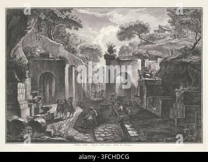 Veduta della Porta, dell' antica Città di Pompei, Ansicht der Ruinen von Pompeji, Druck, Druckgraphiker: Francesco Piranesi, Rom, nach Zeichnung von Louis Desprez, Pompeji, 1789, Francesco Piranesi, Louis Desprez, Druckgraphiker, nach Zeichnung von, Papier, Radierung, Höhe 530 mm x Breite 716 mm, Landschaft mit Ruinen., Eine detaillierte Schwarzweißradierung zeigt eine zerstörte Steinstraße, die von hohen zerbrochenen Mauern und Bögen flankiert wird, mit verstreuten Blöcken und zylindrischen Steinstücken im Vordergrund. Figuren in Zeitkleidung gehen, arbeiten und schieben eine Schubkarre entlang des gepflasterten Weges, während andere in der Nähe stehen oder sitzen Stockfoto