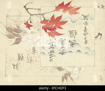 Inhaltsverzeichnis, Blumen- und Vogelskizzen von Keinen, Keinen kacho gafu, Einband, Druck, Cover der zwölfteiligen Serie, ein Bild von Herbstblättern und weißen Blüten auf der Vorderseite, die zwölf verschiedenen Drucktitel auf der Rückseite, Druckgrafiker: Imao Keinen, Japan, Drucker (Person): Aoki Kôsaburô, Osaka, 1892-11, Drucker (Person), Papier, Farbholzschnitt, Höhe 221 mm x Breite 281 mm, Blumen, Pflanzen, Vegetation., Ein Abschnitt aus Papier mit hellbeigem Hintergrund zeigt einen gemalten Ast mit roten Ahornblättern, der sich über ein rechteckiges Feld erstreckt, blaue wellenförmige Pinselstriche füllen einen Teil des Feldes, und Stockfoto