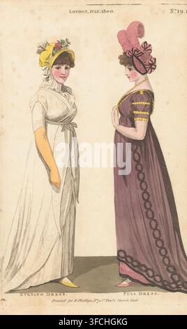 Magazin der Damenmode von London und Paris, Nr. 29.1: London, Juli. 1800: Abendkleid, Festkleidung, Modendruck, englische Damenmode 1800. Eine junge Frau in einem Abendkleid und eine in Festkleidung., 'London, Juli. 1800', Bildunterschrift: 'Abendkleid, Festkleidung', Verlag: Richard Phillips, London, 1800, Richard Phillips, Verlag, Farbe (Beschichtung), Tinte, Materialien nach Funktion, Papier, Druckfarbe, Wasserfarbe (Farbe), Radierung, Stich, Handfarbe, Radierung und Stich, handkoloriert, Höhe 213 mm x Breite 130 mm, Modentafeln, Kopfbedeckung: Hut (+ Damenbekleidung), Anhänger, Schmuckstück, '</source> Stockfoto