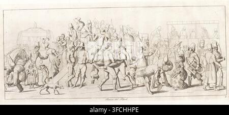 Piazza del Popolo, Il Carnevale di Roma, Druck, Seriennummer, 4, 20, Feiernde auf einem Gerüst auf der Piazza del Popolo. Teil eines Druckwerks mit einer Serie von zwanzig Drucken über die Feier des Karnevals in Rom., Druckgrafiker: Carl Gustaf Hjalmar Mörner, Rom, Drucker (Person): Francesco Bourlié, 1820, Drucker (Person), Papier, Radierung, Radierung mit Plattenton, Höhe 205 mm x Breite 475 mm, Höhe 413 mm x Breite 568 mm, Karneval, Fastenzeit (nicht-liturgische Feier)., Eine breite, detaillierte Strichzeichnung zeigt eine überfüllte Straßenszene mit vielen Menschen in historischen Kleidern, die verschiedene Aktivitäten ausüben. Stockfoto