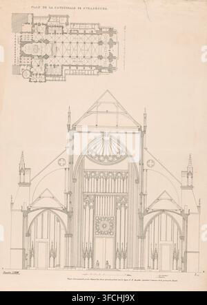 Grundriss und Schnitt der Kathedrale von Straßburg, Plan de la cathédrale de Strasbourg, Flächenplan, Druck, 1839, Drucktechniker, Papier, Radierung, Kupferstich, Höhe 697 mm x Breite 517 mm, Kirche (Außenansicht), Straßburg (Frankreich), Notre-Dame (Straßburg). Eine detaillierte architektonische Zeichnung auf hellem Hintergrund, die oben den oberen Grundriss einer Kathedrale und unten einen großen vertikalen Querschnitt der Kathedralfassade zeigt, in feinen grauen Linien wiedergegeben. Der obere Teil umfasst einen rechteckigen Aufriss mit Innenkolonnaden, Gewölbemustern und kleinen abgeteilten Räumen entlang einer Seite Stockfoto