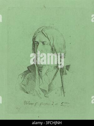 Porträt eines unbekannten jungen Mannes, Druck, Büste eines jungen Mannes, blickt nach links. Möglicherweise ein Selbstporträt., Datum: 'Das fünfte Jahrhundert', Druckgrafiker: Jean-Baptiste Joseph Wicar, Florenz, 1791, Toskana, Papier, Radierung, Radierung auf grünem Papier, Höhe 136 mm x Breite 101 mm, Porträt, Selbstporträt des Künstlers, historische Personen, die nicht namentlich bekannt sind, erwachsener Mann (+ Seitenansicht, Profil)., Ein monochromes Tintenporträt eines Mannes auf einem grünen Blatt, von der Brust aufwärts gezeigt, leicht zur Linken des Betrachters gewandt, mit schulterlangem Haar und Koteletten, trägt einen hochkragigen Mantel und eine Schals oder Krawatte um Stockfoto