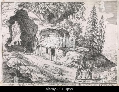 Landschaft mit Tobias und dem Erzengel Raphael, Druck, Landschaft mit einer Hütte entlang eines Weges. Tobias und der Erzengel Raphael rechts im Vordergrund. Im Hintergrund, zwischen einer Felsspalte, zwei Hirten mit Vieh. Am Rand eine lateinische Beschriftung., Druckgrafiker: Gillis Peeters (I), Antwerpen, Verleger: Joannes Meyssens, 1634 - 1653, Papier, Radierung, Höhe 113 mm x Breite 156 mm, Tobias und der Engel Raphael auf Reisen, begleitet von Tobias' Hund., Eine detaillierte Schwarzweiß-Linienradierung zeigt eine felsige Landschaft mit einem kleinen rustikalen Gebäude, das teilweise an einer Klippe ansetzt, der Stockfoto