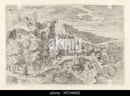 Landschaft mit jagenden Frauen, Druck, Breite Landschaft mit einem Felsen links, der malerische Hütten und Türme zeigt. Ein Kran mit einer Seilrolle ist vor der Felswand positioniert. Im Vordergrund links befindet sich ein Wald mit mehreren weiblichen Figuren, die jagen (möglicherweise Diana und ihre Nymphen). In der Mitte liegt ein Teich, und rechts fließt ein kleiner Fluss mit einem Bauernhaus und einer Wassermühle am Ufer. Am Horizont ist eine Bergkette mit Hütten und Obelisken zu sehen., Druckgrafiker: Battista Angolo del Moro zugeschrieben, Italien, ca. 1550 - ca. 1570, Zugeschrieben, Papier, Radierung, Höhe 185 mm x Breite 270 mm Stockfoto