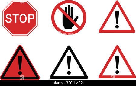 Rote und schwarze Warnschilder mit Stopp-Symbol-Hand und Ausrufezeichen in Dreiecken für Sicherheitswarnungen. Stock Vektor