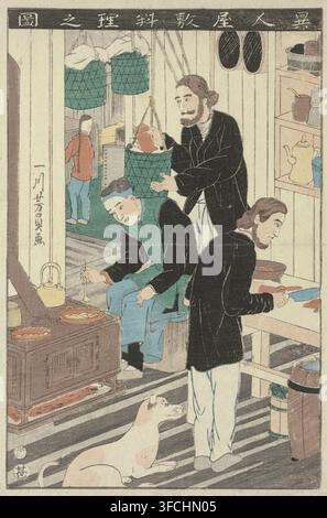 Ijin yashiki ryori no zu, Die Küche in einem Ausländerhaus, Druck, Zwei Westler und ein asiatischer Mann bereiten in einer Küche eine Mahlzeit zu. Ein Hund liegt im Vordergrund. (Yokohama-e). Druckgrafiker: Utagawa Yoshikazu, Japan, 1860-10, Utagawa Yoshikazu, Druckgrafiker, Papier, Holzschnitt, Höhe 368 mm x Breite 243 mm, Kücheninterieur, weiße Rassen und Völker. Eine vertikale Szene in einem Holzimmer zeigt drei Männer und eine Frau, die verschiedenen Aufgaben nachgehen, wobei zwei Männer dunkle Mäntel und helle Hosen tragen, einer steht an einem Tisch und schneidet etwas mit einem Messer, ein anderer steht etwas dahinter und hält eine Schlinge Stockfoto