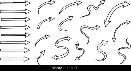 Satz verschiedener handgezeichneter schwarzer Doodle-Pfeile, die in verschiedene Richtungen zeigen, isoliert auf transparentem Hintergrund. Stock Vektor