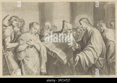 Christus und die adulteröse Frau, Druck, Albumseite, Pharisäer bringen eine Frau, die beim Ehebruch erwischt wurde, zu Christus, um ihn um ein Urteil zu bitten. Einer von ihnen zeigt Christus ein offenes Buch, das Alte Gesetz. Christus spricht zu ihm. Dieser Druck ist Teil eines Albums., Druckgrafiker: Frans van der Steen, Wien, nach Zeichnung von Nikolaas van Hoy, nach Gemälde von Padovanino, Italien, Verleger: David Teniers (II), Brüssel, Privilegiengeber: Spanische Krone, 1660, Niederösterreich, Papier, Radierung, Höhe 205 mm x Breite 306 mm, Pharisäer bringen eine Frau, die des Ehebruchs angeklagt ist, vor Christus (Johannes 8:2-11)., Eine Gruppe von Menschen steht eng beieinander Stockfoto