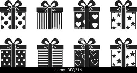 Verpackte Geschenkschachteln, die mit Mustern und Schleifen als festliche Symbole für Feiern, Feiertage und Partengeschenke dekoriert sind. Stock Vektor