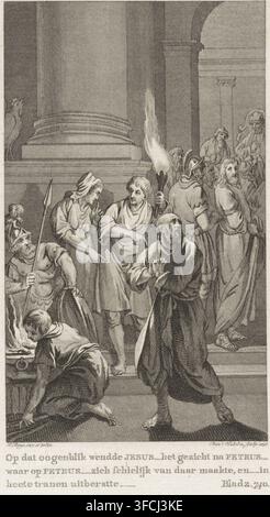 Peter leugnet Christus, In diesem Moment wandte Jesus sein Gesicht Peter zu, woraufhin Peter sich schnell entfernte und in heiße Tränen ausbrach, Druck, Radierer: Reinier Vinkeles (I), Amsterdam, nach Zeichnung von Jacobus Buys, 1797, Papier, Radierung, Kupferstich, Radierung und Kupferstich, Höhe 238 mm x Breite 156 mm, gewöhnlich vor einem Dienstmädchen und einigen Soldaten., Eine Graustufenradierung zeigt eine Gruppe von Figuren auf Steinstufen vor großen klassischen Säulen und einem gewölbten architektonischen Hintergrund. Im Vordergrund steht ein barfüßiger Mann mit Bart und Robe mit gefalteten Händen in der Nähe seiner Brust, sein Stockfoto