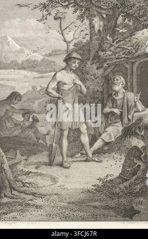 Zwei Männer studieren eine Gruppe von Ameisen, um von ihr zu lernen, Druck, Druckgrafiker: Reinier Vinkeles (I), Amsterdam, nach einer Zeichnung von Jacques Kuyper, 1807, Papier, Radierung, Stich, Höhe 248 mm x Breite 165 mm, Landschaften, Konversation, Dialog, Konversationsstück, Insekten: Ameise, Tiere beobachten, Jagd (+ Variante). Eine monochromatische radierte Szene zeigt einen jungen Mann im Vordergrund, der eine Schaufel aufrecht hält, ein kurzes drapiertes Gewand und einen breitkrempigen Hut trägt, mit einer Hand seine Brust berührt; zu seiner Rechten sitzt ein älterer bärtiger Mann am Eingang einer rustikalen Hütte und gestikuliert mit einer Hand Stockfoto