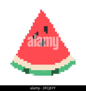 Pixel-Wassermelonen-Stück. Dreieck von sommerrot gestreifter Frucht mit Samen. 8-Bit-Retro-Gaming-Stil. Gesunde vegane Nahrung. Isoliertes Spielobjekt. Süß und reif Stock Vektor
