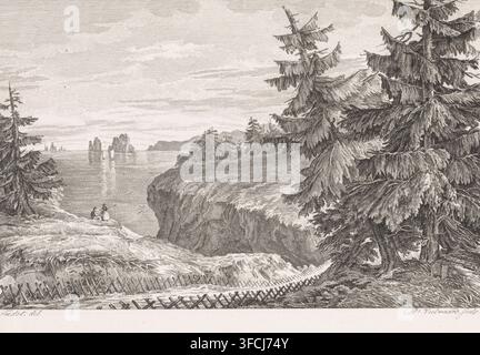 Landschaft mit See, Druck, Zwei Figuren an einem See., Druckgrafiker: Daniël Veelwaard (I), Amsterdam, nach Zeichnung von Edmond Tudot, 1776 - 1851, Papier, Radierung, Gravur, Höhe 147 mm x Breite 232 mm, See, Bäume., Eine detaillierte Monochrom-Radierung zeigt eine Küstenkliffszenario mit hohen immergrünen Bäumen im Vordergrund und Mittelgrund, deren herabhängende Äste und Nadeln mit feinen Kreuzhatchings wiedergegeben sind. Ein raues grasbewachsenes Plateau führt zu einer steilen felsigen Klippe, die zum Wasser darunter abfällt. Zwei kleine Figuren stehen in der Nähe des Klippenrandes, eine sitzend und eine stehend, die stehende Figur hält eine lange Stockfoto
