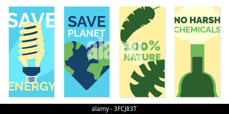 Set von Ökologie-Bannern für soziale Netzwerke. Umweltschutz. Rette die Natur. Liebe und Fürsorge für den Planeten. Tropische Blätter, Natur. Keine aggressiven Chemikalien Stock Vektor