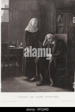 Joost van den Vondel mit seiner Tochter Anna, Vondel und seine Tochter, Druck, In einem Raum sitzt Joost van den Vondel nachdenklich auf einem Stuhl. Seine Tochter steht neben ihm und berührt seine Schulter., Drucker: Johann Heinrich Maria Hubert Rennefeld, Amsterdam, nach einem Gemälde von Hendrik Albert van Trigt, Verlag: Vereeniging tot Bevordering van Beeldende Kunsten, Drucker (Person): JF Brugman, 1860 - 1877, Drucker (Person), Papier, Radierung, Stich, Radierung und Stich, Höhe 552 mm x Breite 424 mm, Person, Joost van den Vondel, Anna van den Vondel, Nachdenklich., Eine monochromatische Innenszene zeigt Stockfoto