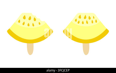 Melonenförmiges Eis am Stiel. Ganzes Dreieck und abgebissenes Stück. Süßes. Süßes sommerliches kaltes Essen. Stück Obst. Mahlzeiten, Snacks. Isoliert. Farbfoto Stock Vektor