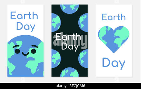 Satz von Erdtag-Bannern für soziale Netzwerke. Lächelnder blauer Planet, viele Planeten, Erde in Form eines Herzens. Feiertag. Natur schützen, Ökologie. Liebe und Fürsorge f Stock Vektor