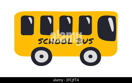 Gelber Schulbus. Kinder zeichnen. Isoliert auf weißem Hintergrund urbaner Transport. Seitenansicht. Transport von Schülern, zurück zur Schule. Farbige Doodle Stock Vektor