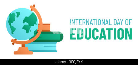 Internationaler Tag der Bildung mit Globus, Büchern. Stapel von Lehrbüchern. Wörterbuch, Enzyklopädie. Studium, Wissen. Schulfrei. Horizontale Glückwunschkarte Stock Vektor