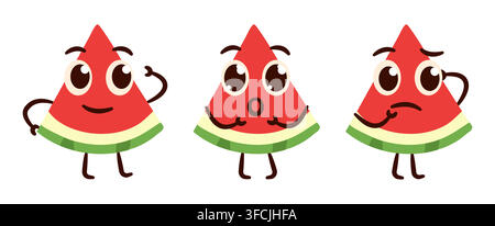 Set Charakterstück Wassermelone - lächelnd, erfreut, nachdenklich. Dreieckige Sommerrote Frucht mit Emotionen. Bewunderung, Freude, nachdenklich. Nettes kawaii Kind Stock Vektor