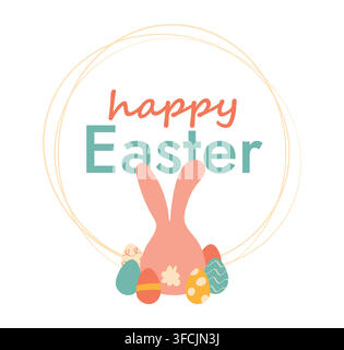 Frohe Ostern, Eier, Hase in rundem linearem Rahmen. Grußkarte mit Text, Kinderposter. Niedlicher Hase sitzt mit seinem Rücken neben farbigen Elementen. Ist Stock Vektor