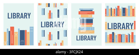 Set Banners Bibliothek und Bücher. Bücherregale, Bücherständer. Wort und Stapel von Literatur. Nahtloses Muster aus Gruppen von Lehrbüchern. Sammlung für soziale n Stock Vektor