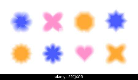 Abstrakte Unschärfe-Elemente-Set. Moderner Trend Y2K. Sammlung von unscharfen geometrischen Formen. Isolierte Abzeichen von Blume, Herz. Dynamischer visueller Effekt. Hell Stock Vektor