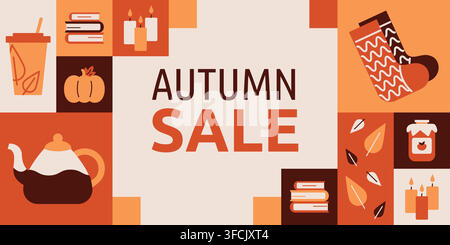 Herbstverkaufs-Banner. Quadratisches Mosaiktee, Kerzen, Socken. Gemütliche saisonale Elemente im Raster. Buch, Kürbis, Marmelade. Warmes Orange-Braun. Blätter. Shop-Promo Stock Vektor
