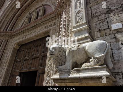 Detail des Haupteingangsportals des Palazzo dei Priori in Perugia, Umbrien, Italien. Gotisches Portal verziert mit einer Marmorlöwenstatue Stockfoto