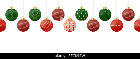 Weihnachtskarten mit Kricket-Motiv. Weihnachtsornamente hängen fröhlich in einem festlichen, nahtlosen Rand auf weißem Hintergrund und vermitteln Weihnachtsstimmung. Stock Vektor