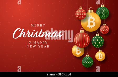 Festliche Weihnachts- und Neujahrskarte mit Bitcoin-Ornamenten auf einem lebhaften roten glitzernden Hintergrund, der die digitale Finanzwelt feiert. Stock Vektor