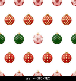 Poker-Weihnachtskarte. Festliche Weihnachtsschmuck-Muster ohne Ende mit traditionellen Weihnachtskugeln und Herzen für Feiertagsdekoration Fröhliches Hintergrunddesign.. Stock Vektor