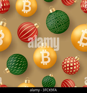 Goldenes Bitcoin und lebendige Weihnachtskugeln bilden ein nahtloses festliches Muster für moderne Feier und Finanzen.. Stock Vektor