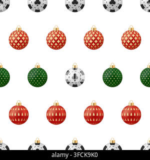 Weihnachtskarten mit Casino-Pokerchip. Einzigartiges Weihnachtsschmuckstück und Pokerchip-Nahmuster mit festlichen Kugeln, die einen verspielten Feiertags-Hintergrund bilden Stock Vektor