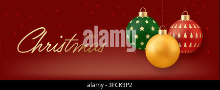 Ping-Pong-Weihnachtskarte. Festliches Frohe-Weihnachten-Horizontal-Vektor-Banner mit dekorativen hängenden Kugeln auf einem funkelnden roten Hintergrund, elegant Stock Vektor