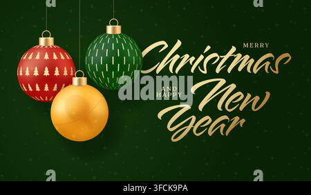 Ping pong Weihnachtskarte. Elegante hängende Weihnachtsornamente mit goldenem festlichem Grußtext auf dunklem grünem Hintergrund, Feiertagsfeier.. Stock Vektor