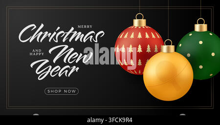 Ping-Pong-Weihnachtskarte. Elegantes Weihnachts- und Neujahrsgrüß-Banner mit hängenden festlichen Ornamenten für Feiertags-Shopping-Promotionen. Stock Vektor