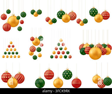 Ping-Pong-Weihnachtskarte. Verschiedene Weihnachtskugeln hängen elegant und zeigen klassische rote, grüne und goldene Muster für festliche Weihnachtsdekoration.. Stock Vektor
