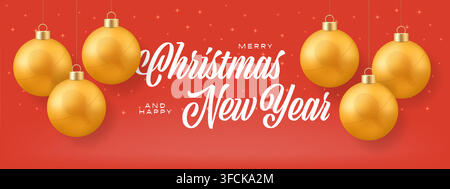 Ping-Pong-Weihnachtskugel. Goldene Weihnachtsschmuckstücke mit festlicher Schrift „Frohe Weihnachten und ein gutes neues Jahr“ auf einem leuchtend roten Hintergrund. Stock Vektor