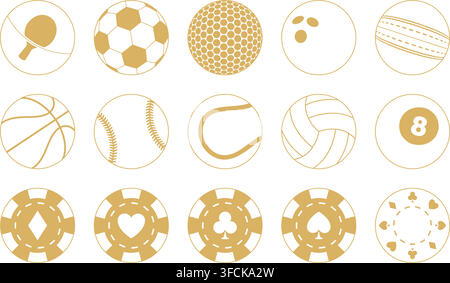 Moderne goldene Vektorsammlung von essentiellen Sportbällen und Casino-Pokerchips, gestaltet für Gaming-, Wett- und Freizeitkonzepte.. Stock Vektor