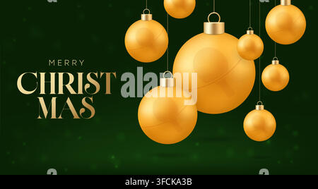 Ping-Pong-Weihnachtskugel. Goldene Weihnachtsschmuckstücke hängen elegant mit festlicher Frohe-Weihnachten-Text auf einem dunkelgrünen Hintergrund, feiern das H Stock Vektor